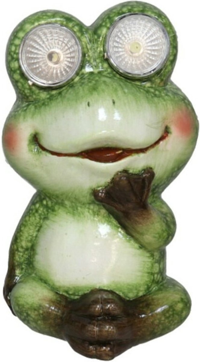 Gerimport Tuinbeeld dier kikker zittend kunststeen 13 cm groen Solar light ogen