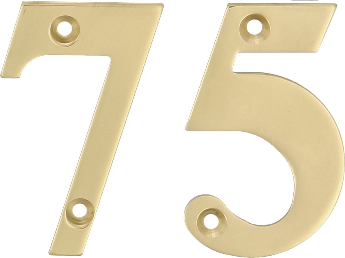 AMIG Huisnummer 75 - massief messing - 5cm - incl. bijpassende schroeven - gepolijst - goudkleur