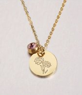 Ketting - Geboortesteen - Geboortebloem - Birthstone - Birthflower - Roestvrij Staal - Gold Plated - Oktober