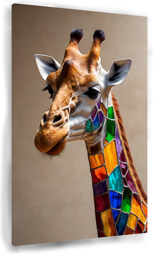 Giraffe glas-in-lood - Dieren schilderij op canvas - Schilderij op canvas giraffe - Wanddecoratie industrieel - Canvas schilderij - Muurdecoratie slaapkamer - 60 x 90 cm 18mm