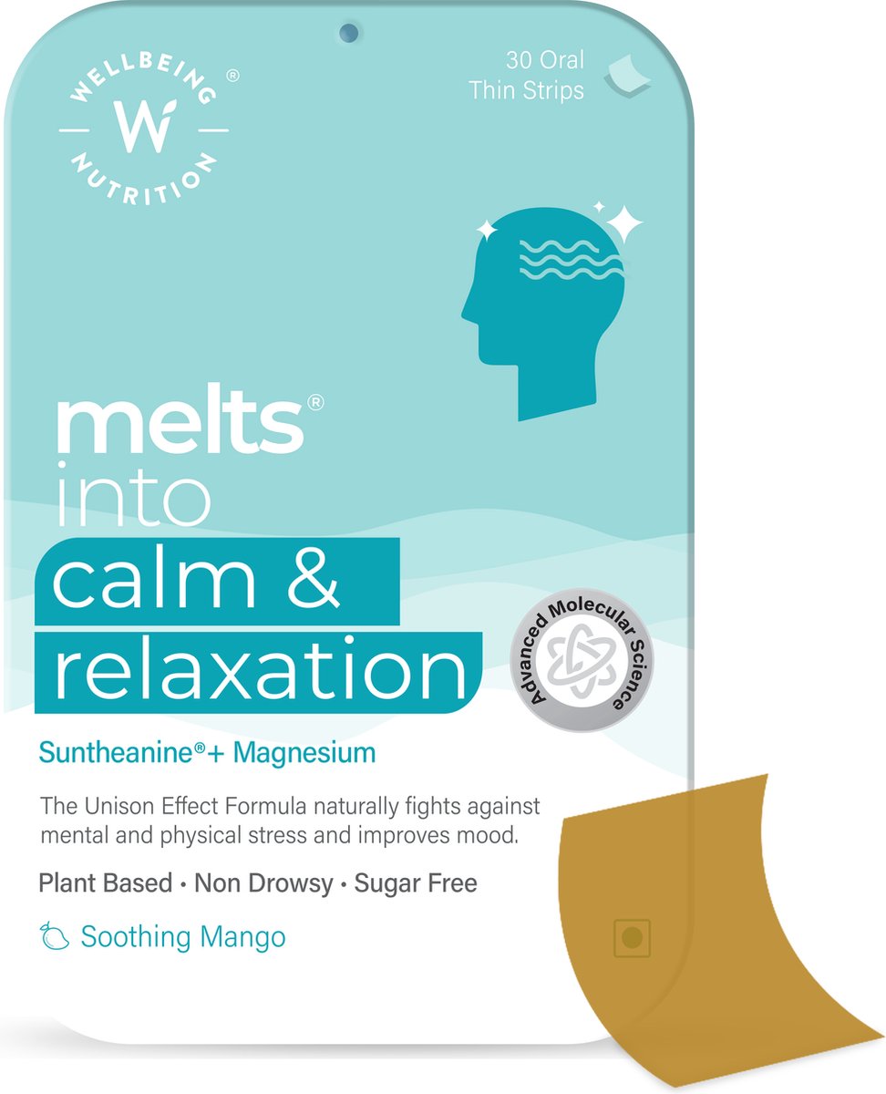 Goedkoopste Suntheanine 40mg & Magnesium - Rust & Ontspanning - Smeltblaadjes (geen capsule & geen water) - Vitaminen en Mineralen Supplement - Snel oplossende orale vegan strips - 30 strips - Mango Smaak - Wellbeing2day MELTS