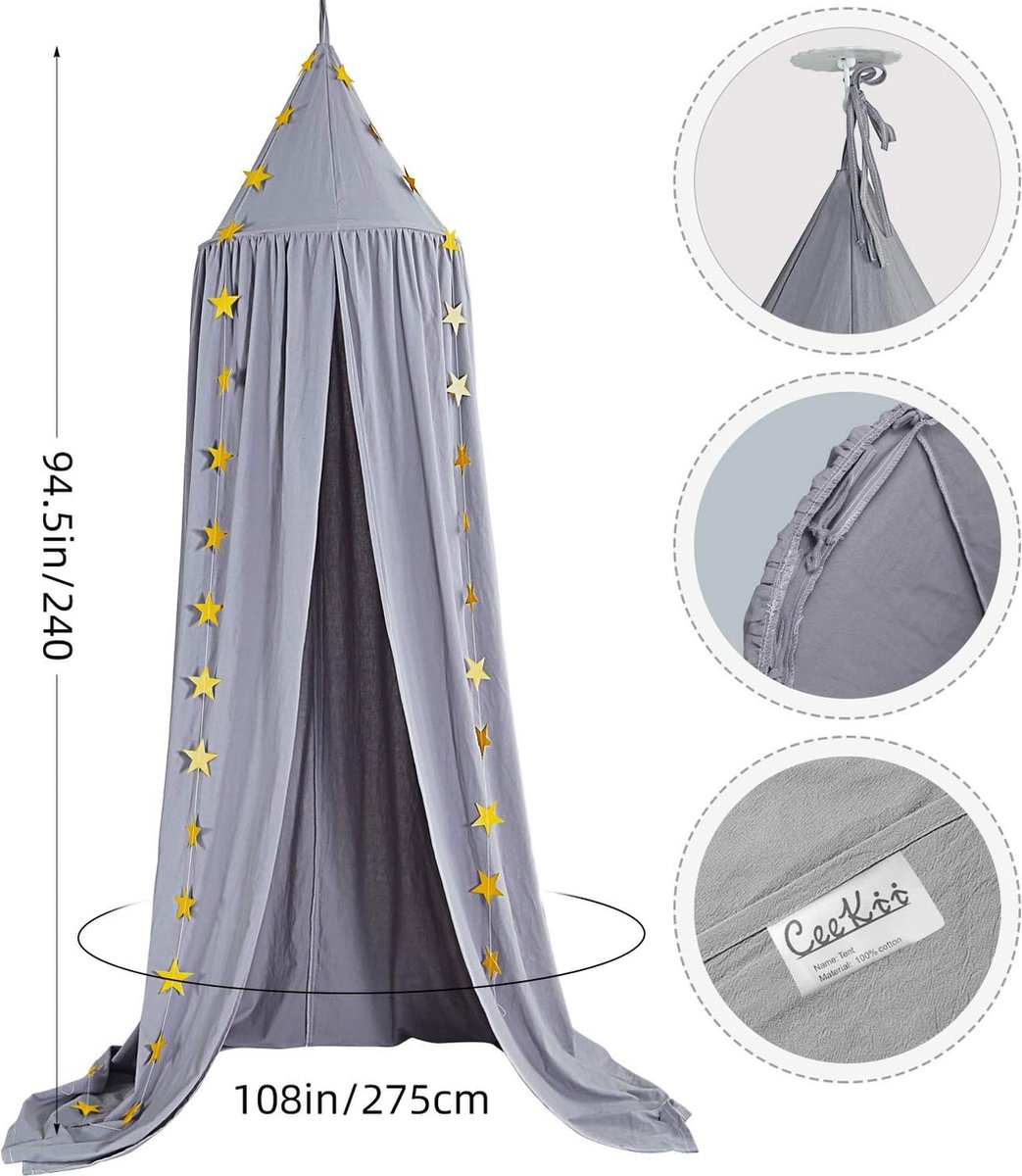 Babybaldakijn, bedhemel voor kinderen, kinderkamer, bedgordijn, katoenen decoratie, muggennet voor prinses, speeltenten, babybed en slaapkamer, decoratie met sterslinger (grijs)