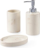 Ensemble de salle de bain 3 pièces Navaris en Beige - Set distributeur de savon, gobelet à brosse à dents et porte-savon - Accessoires de salle de bain - Couleur marbre beige