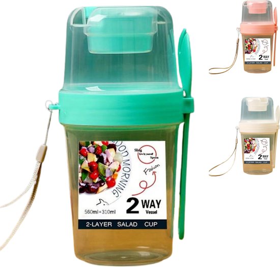 Foto: Ontbijt beker haver yoghurt salade cup draagbare ontbijt lunch cup voedsel opslag beker groente en fruit cup deksel lepel dubbele laag kleur groen