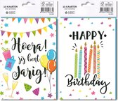 MGPcards - 10x dubbele wenskaart met gekleurde envelop - Jarig - Happy Birthday - 11.5 x 17 cm