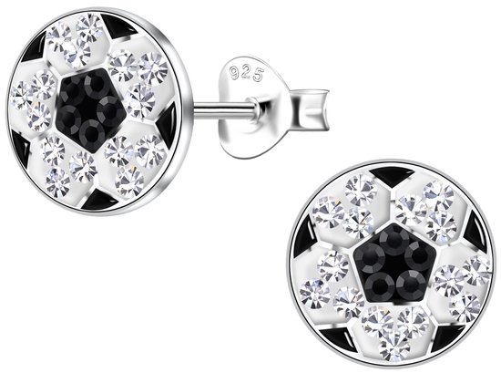 Joy|S - Zilveren voetbal oorbellen - 9 mm - zwart wit zilver met kristal - oorknoppen