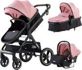 Brondeals® - kinderwagen - luxe uitstraling - zwart met roze - wandelwagen - 3 in 1 - inklapbaar - autostoel - reiswieg - buggy