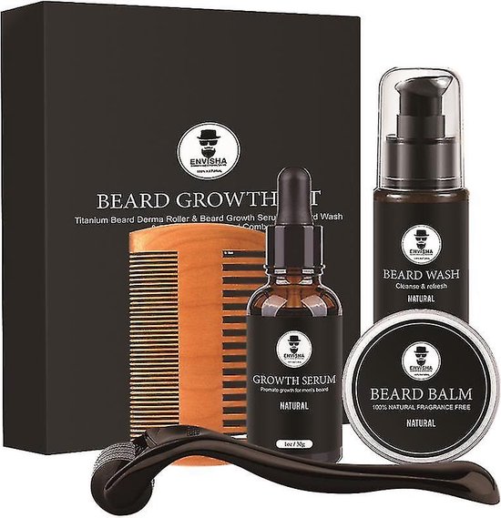 Beard Growth Kit - 5 PCS - Derma Roller - Growth Serum - Beard Wash - Beard Balm - Beard Comb -