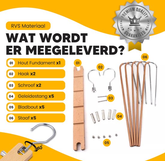 Onderdelen van de houten kledinghanger: bamboe fundament, RVS haken, schroeven, geleidestangen en staven.