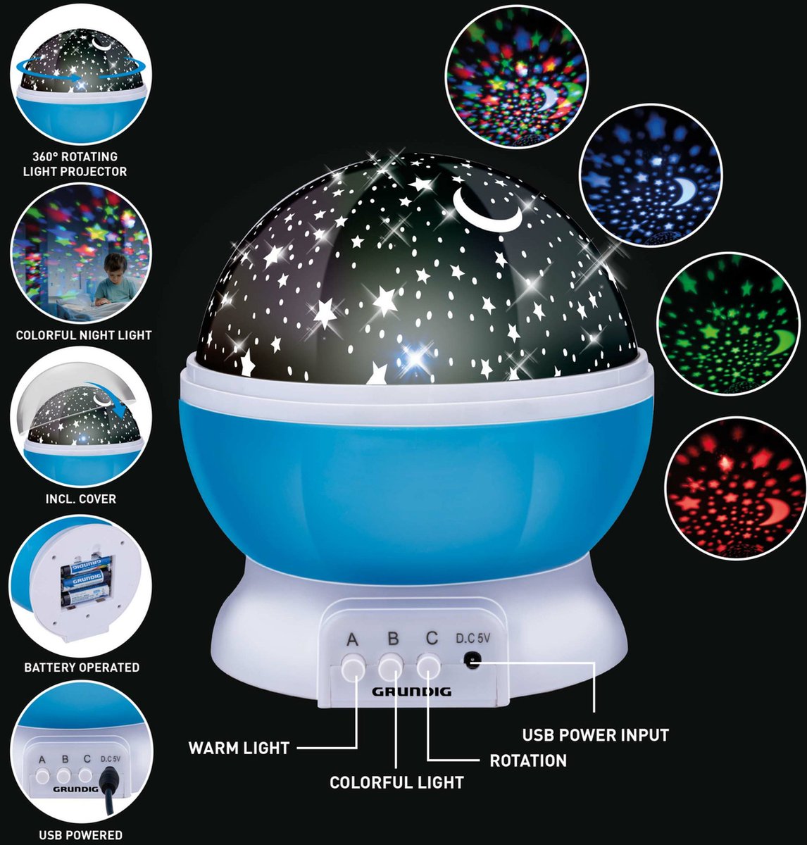 Grundig Nachtlamp sterren projector - 3 standen - 360 graden - galaxy projector sterrenhemel - blauw – foto 6