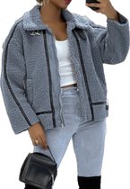 Dilena fashion Piloten teddy jack-jas-vest-zakken leder bewerking grijs
