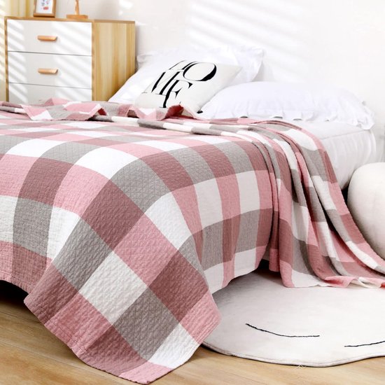 Voorgewassen katoenen deken, knuffeldeken, 150 x 200 cm, ademend en zacht bankdeken, sprei met ruitmotief, gezellige katoenen mousseline deken, banksprei, bedsprei