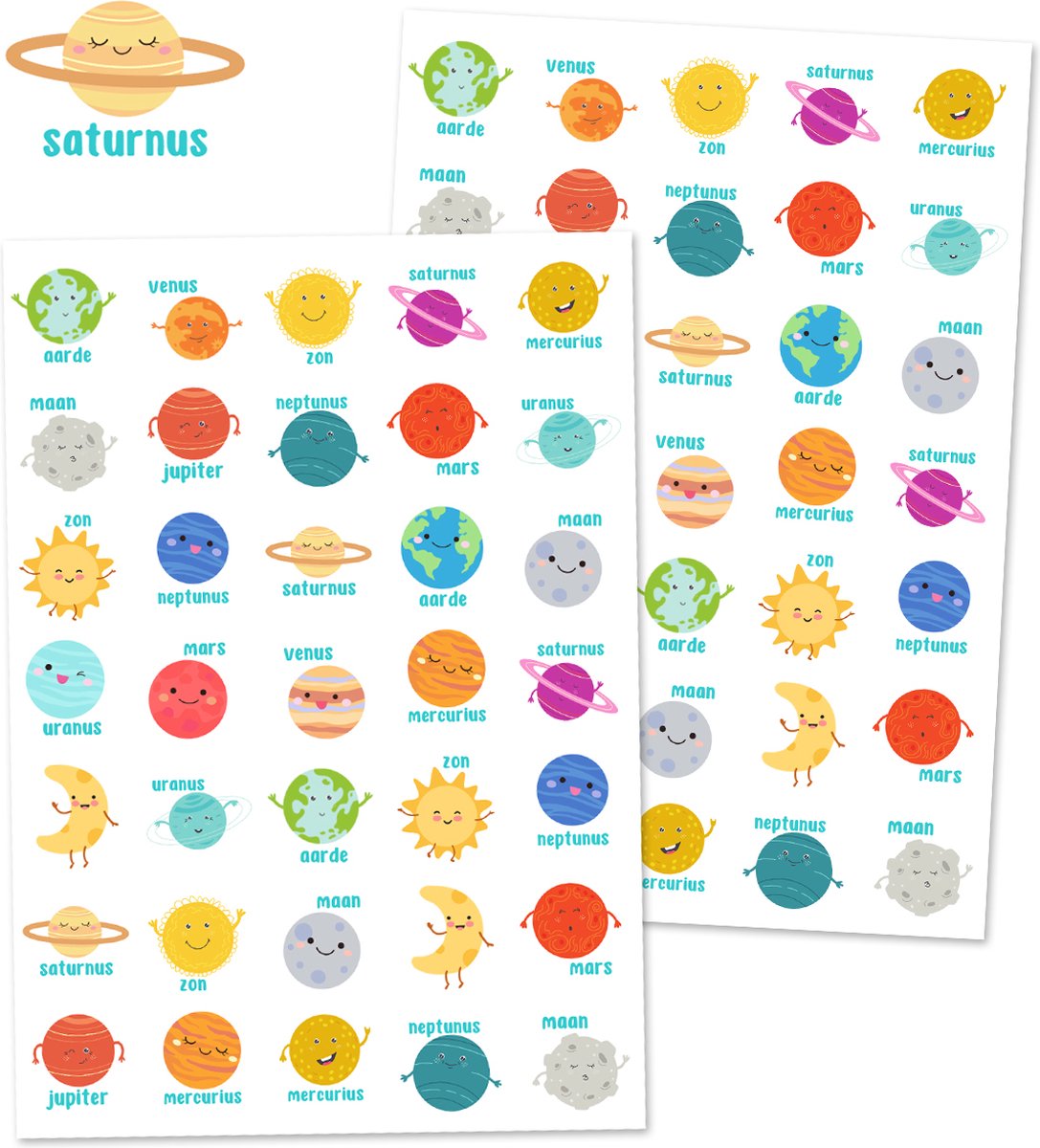 Planetenvriendjes Stickers – 2 Stickervellen – 70 Stickers voor Kinderen