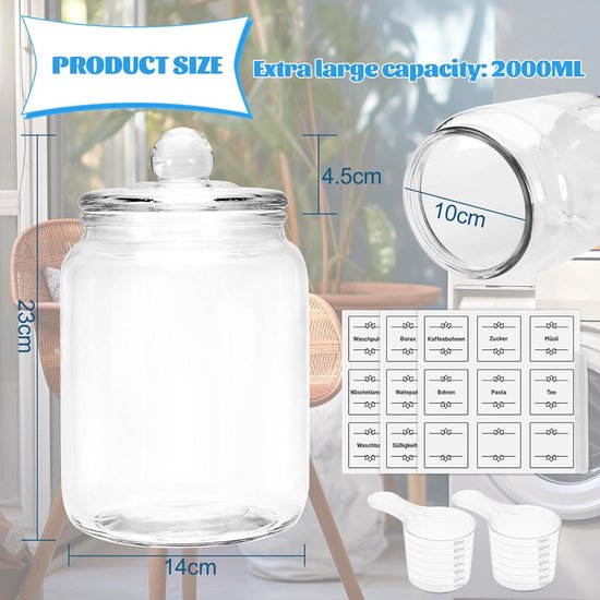 Alyoen Set van 2 wasmiddelopslag, voorraadpotten met deksel, luchtdicht, 2 x 2000 ml hoog volume, 27 stickers, waspoederdoos voor wasmiddel, muesli, koffiebonen, enz