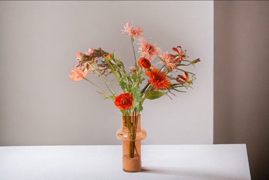 WinQ -Veldboeket - Zijden bloemen compleet in Roze/ Rood/ Oranje - Inclusief Glasvaas- Plukboeket van kunstbloemen – Veldboeket compleet met glasvaas