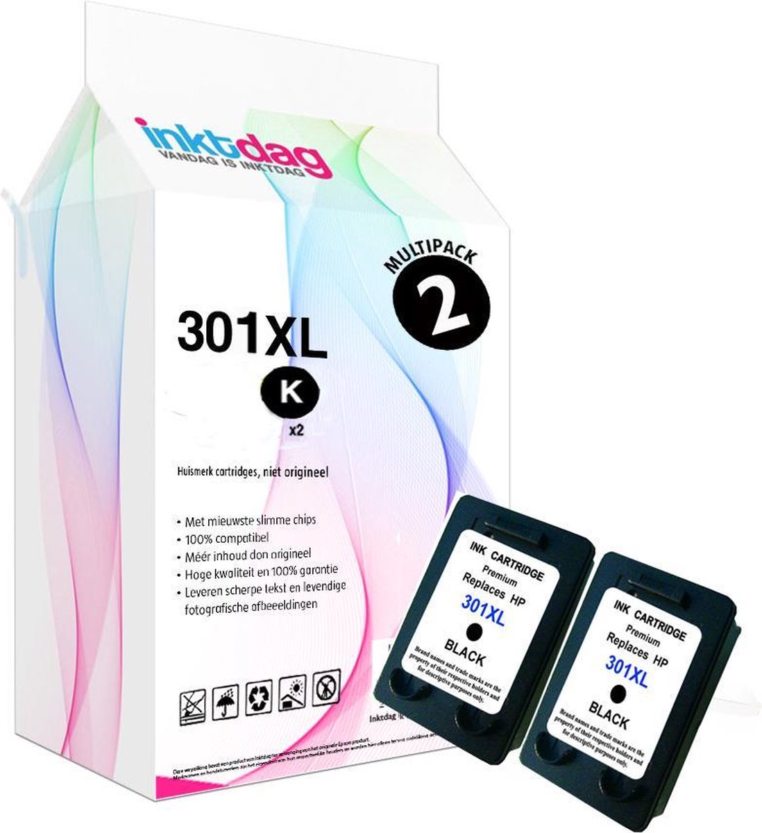 Inktdag inkcartridge alternatief voor de HP 301xl inktcartridges zwart (CH563EE) X 2 STUCK voor HP Envy 4500, 5530 Officejet 2620 ,4630 ,2622 ,Deskjet 3050A ,2050 ,3052A, 1510 ,3050 ,1000 ,3000 ,2510, 2540,1050
