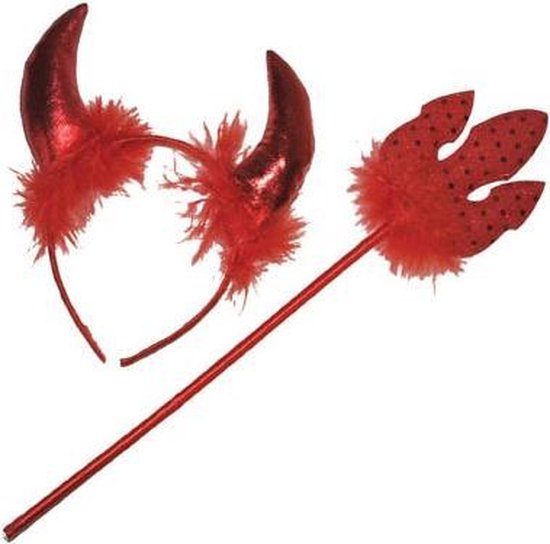 Rood duivels diadeem met hoorntjes en een rood drietand met zwarte stippen.