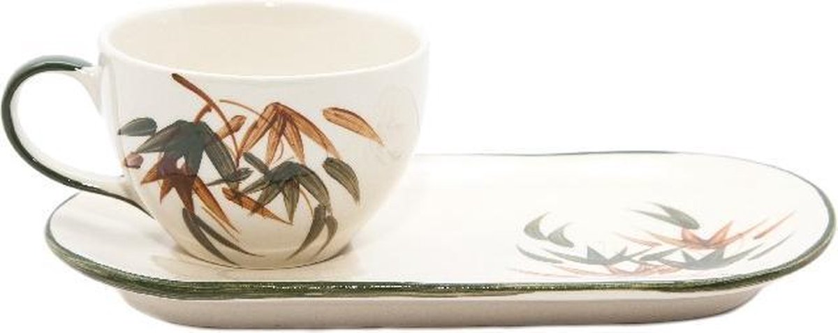 Kop met schotel - Keramiek - Ovaal - Wit - Leaves - Sawahasa - Thailand - Fairtrade