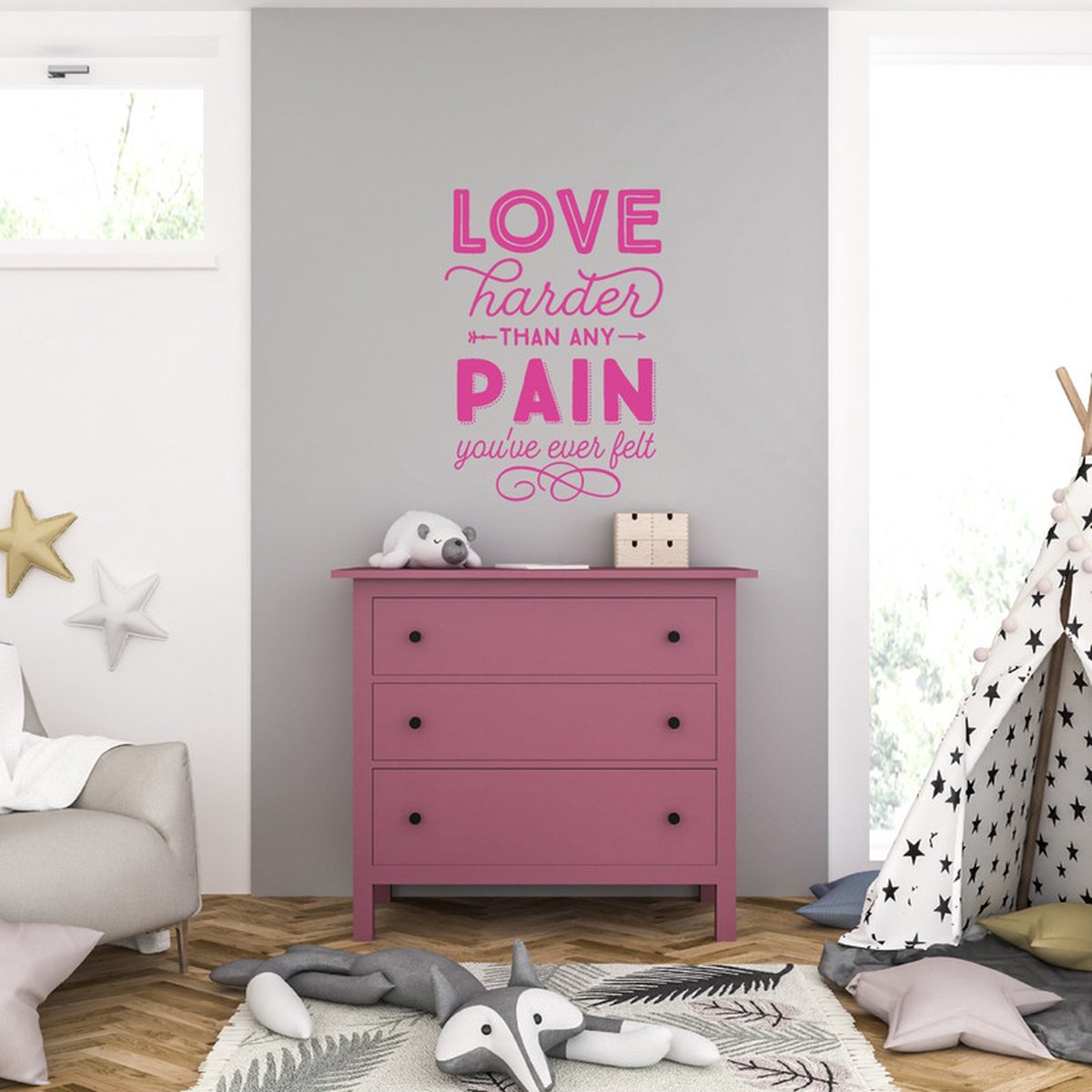 MC Living Muursticker - Love Harder Than Any Pain - 58 x 83 - Roze
