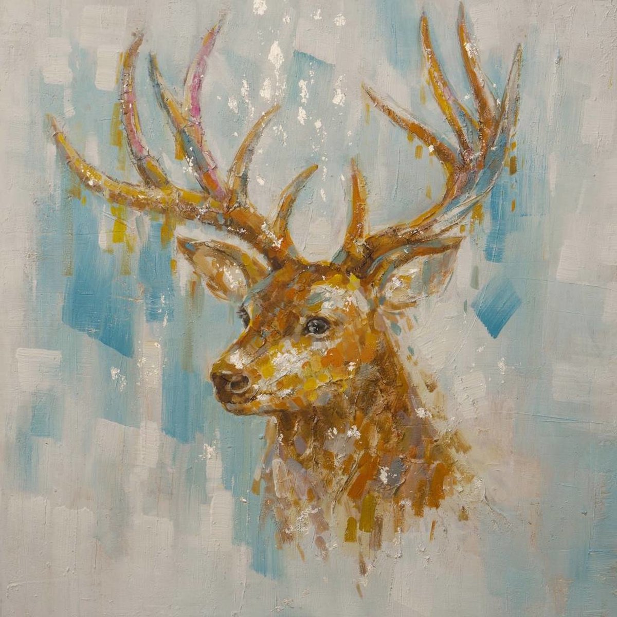 karo-art Schilderij -Handgeschilderd - Hert - Bruin Wit - 100x100cm Multikleur