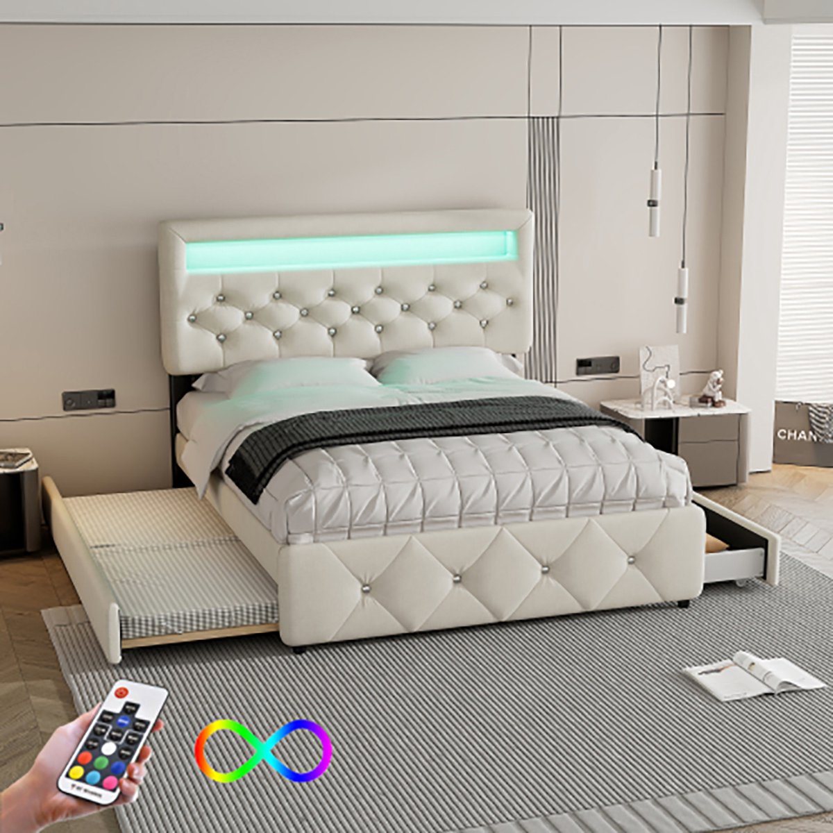 KOMHTOM Volwassenenbed bed Tweepersoonsbed 140x200 cm met onderschuifbed en opbergvak beige