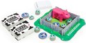 Spel Kuddegedrag: roze koe, hekken, koe tokens en speelkaarten met koeienprint.