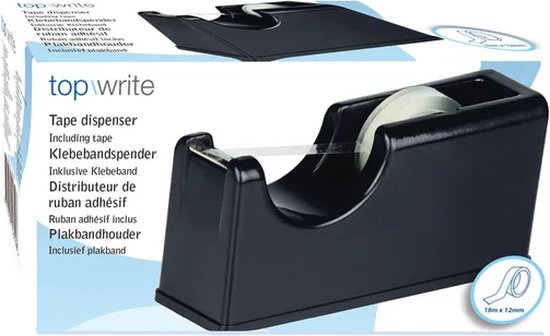 Verpakking van zwarte Top Write plakbandhouder met rol plakband. Tekst: Tape dispenser, Including tape.