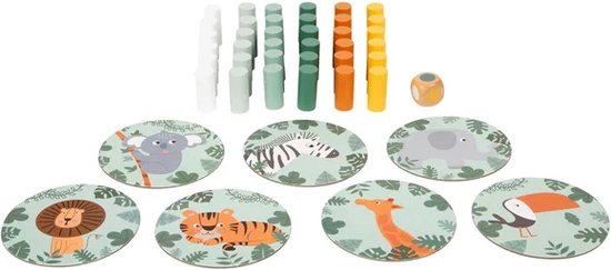 Un jeu avec 7 cartes d'animaux de la savane, 28 bâtonnets en bois de 5 couleurs et un dé.
