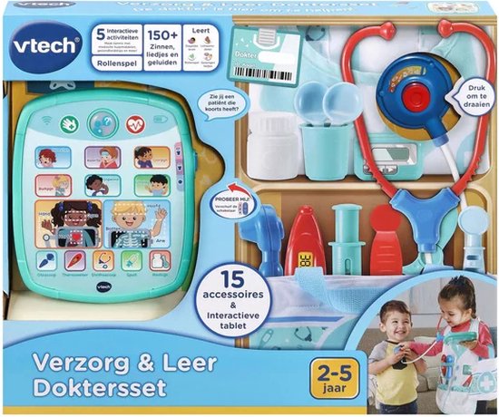 VTech Verzorg & Leer Doktersset met 15 accessoires en interactieve tablet, inclusief stethoscoop, thermometer en spuit.
