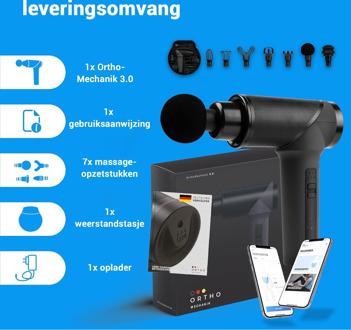 Afbeelding 2 van OrthoMechanik 3.0 - Massage Gun Professional met Smartphone App-Expert Video's - Massage apparaat met accessoires - Massage pistool voor sneller herstel