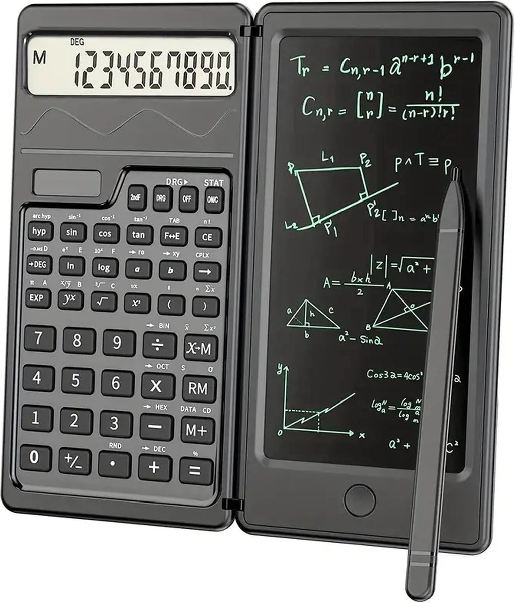 Wetenschappelijke Rekenmachine met 10-Cijferig LCD-Scherm en Handschriftbord - Opvouwbaar, Zonne-energie en Batterij, Dubbele Voeding voor Studenten, Leraren en Ingenieurs