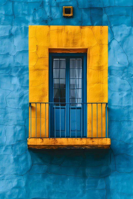 Balkon Poster - Blauw - Geel - Architectuur - Stijlvolle - Kleurrijk - Creatieve - posters - formaat 60x90cm - Wanddecoratie - 3111MT