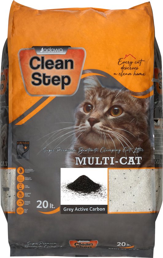 Jadawa - Clean Step 100% Natuurlijk (20 Liter) - Kattenbakvulling - Grey Activated Carbon voor Sterke geurneutralisatie - 99.5 % Stofvrij kattengrind - Kattenbakvulling klontvormend