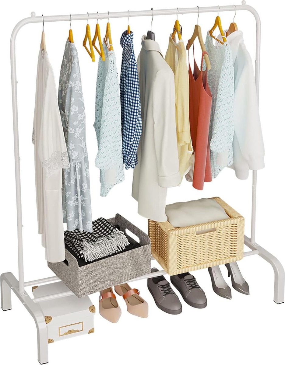 Metalen kledingrek met onderste plank voor opknoping - 43 inch kledingrek voor rokken, shirts en truien - wit