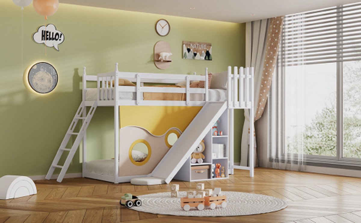 KOMHTOM Stapelbed 90x200 cm met trap raam en plankenbak Kinderbed met 3 vakken in de