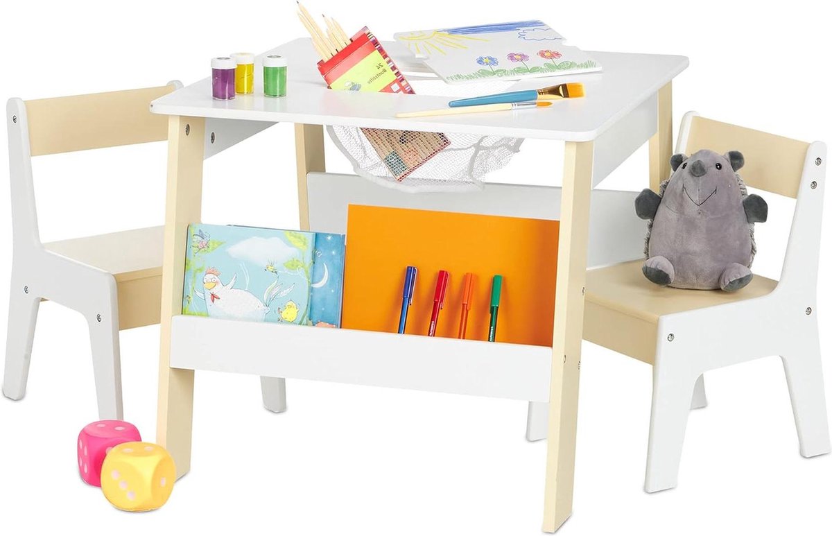 Kindertafel en stoeltjes met opbergruimte - Tekentafel voor kinderen met 2 kinderstoeltjes - Wit/beige. auto tafeltje kind