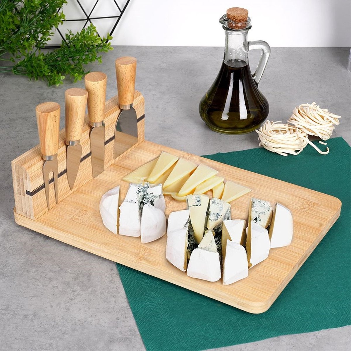 Kaasplank met Kaasmes Bamboe 5 delig - Serveerplank - Kaasmessen - Set - Hapjesplank - Mesjes - Snijplank — cadeau in Kookcadeaus - foto 8