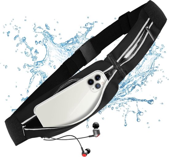 GW#Cool Heuptas, loopriem, hardlopen, wandelen, trail, fitness, sport, elastische band, uniseks, volwassenen, opbergtassen, mobiele telefoonhouder, drinkfleshouder, Zwart, S
