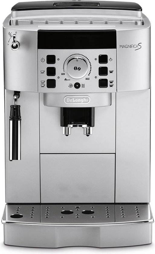 Zilverkleurige De'Longhi Magnifica S volautomatische espressomachine met zwart detail en een melkopschuimer.