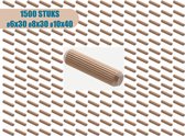 AMIG – Kwalitatieve Houten Deuvels – 1500 stuks - 3 Maaten - Ø10x40mm Ø8x30mm Ø6x30mm – Voordeelverpakking – Houtverbinders Meubelbouw Assortiment