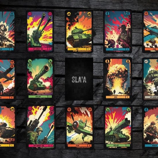 Veertien kaarten van het spel "SLA'A" met gedetailleerde illustraties van tanks, vliegtuigen, soldaten en explosies.