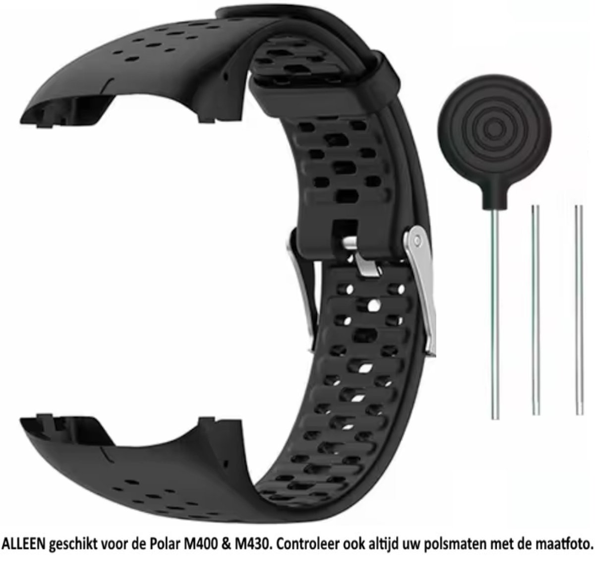 Zwart siliconen wearable horlogebandje geschikt voor de Polar M400 en M430 - horloge bandje - polsband - strap - siliconen - rubber - black rubber - Maat: zie maatfoto