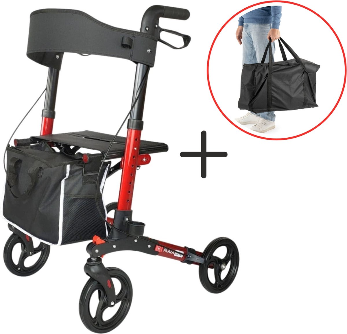 Goedkoopste Rollator Plaza Lite - Lichtgewicht - Drie dubbel opvouwbaar - Anti-lek banden - Rood - Inclusief transporttas