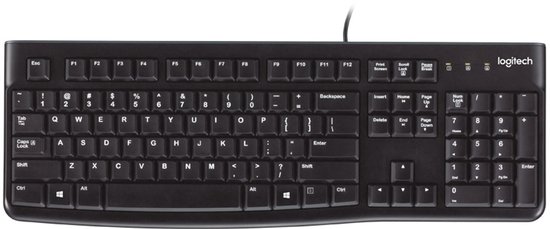 Een volledig zwart Logitech K120-toetsenbord met numeriek toetsenblok, van bovenaf gezien.
