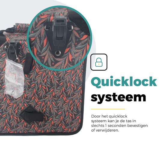 Voltano Enkele Shopper Fietstas - 17 Liter - Crimson Leaf - Zwart Met Grijze Bloemen - Waterdicht - Luxe Universele Bevestiging van Voltano — afbeelding 4