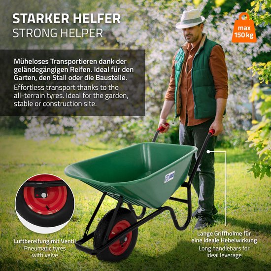 Kruiwagen kunststof 100 liter tot 150kg groen met luchtbanden en metalen velg van Merkloos	 — afbeelding 5