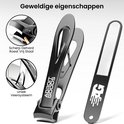 Gedetailleerde weergave van een zwarte nagelknipper met 'ADROIT GOODS' logo en metalen nagelvijl.
