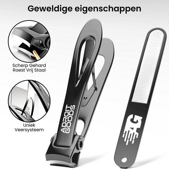 Gedetailleerde weergave van een zwarte nagelknipper met 'ADROIT GOODS' logo en metalen nagelvijl.