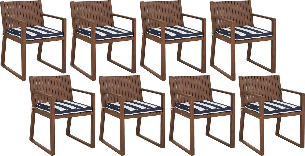 Beliani SASSARI Tuinstoel set van 8 Donkerhout Blauw Wit Acaciahout