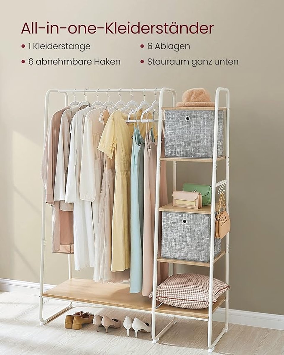 Hoppa! | Kledingrek | 45 x 120 x 160 cm | Kapstok met Schoenenrek | Eiken Wit – foto 6